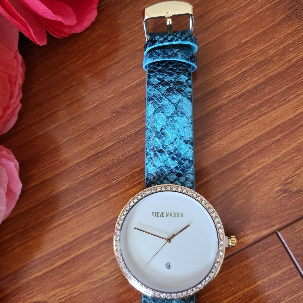 Steve Madden Teal Snake Skin Watch with Rhinestone - Picture 7 of 9